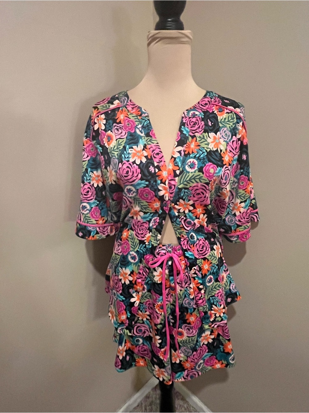 Cuddl Duds Modern Floral PJ Set Pink, Orange, Teal, Black, XXL